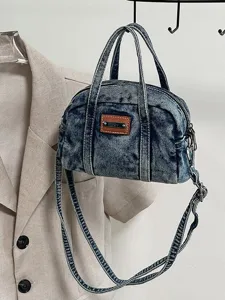 Vintage washed denim handbag for women, casual crossbody shoulder bag with top handles and strap.
