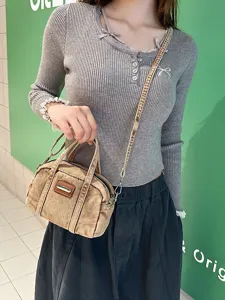 Vintage washed denim shoulder bag, casual top handle crossbody bag for women daily use style.