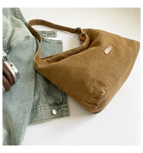 Bolso de hombro informal retro marrón vista detallada, bolso de lona de gran capacidad.