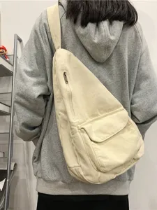 Sac Bandoulière Rétro Décontracté en Toile Grande Capacité Couleur Unie Sac de Poitrine Simple Épaule Mode Sac à Main Quotidien