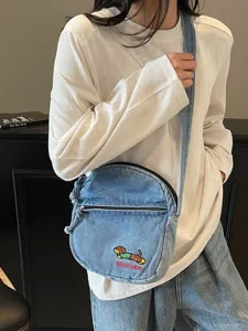 Sac Bandoulière en Denim Mode Femme Décontracté Sac Travers Mignon Broderie Chiot Fermeture Éclair Sac à Main