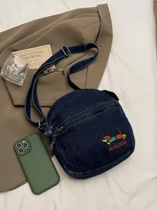 Sac bandoulière en denim avec broderie de chien, sac décontracté tendance pour les femmes.