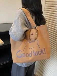 Casual canvas tote bag with cute bear graphic large capacity shoulder bag for women daily commute
