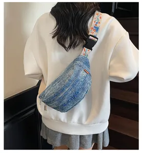 Denim borsttas voor dames, stijlvolle casual crossbody heuptas met patroon band.