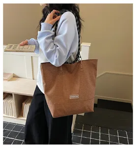 Bolso tote de cuadros marrones casual gran capacidad bolso de hombro de lona para mujer