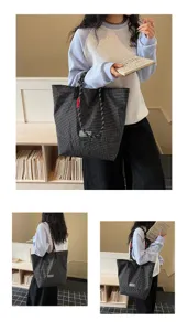 Bolso shopper negro a cuadros elegante, gran bolso de hombro ligero ideal para el uso diario.