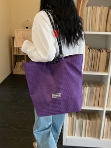 Nuevo bolso tote de lona con cuadrícula violeta de gran capacidad casual para estudiante