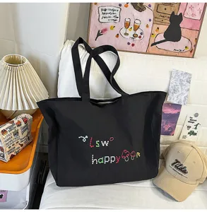 Bolso de hombro de nailon de moda coreana gran bolso tote impermeable casual con bordado.