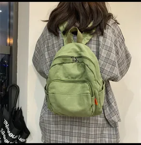 Small Green Canvas Backpack Japanese Harajuku Style Casual Daily Versatile Bookbag for Women