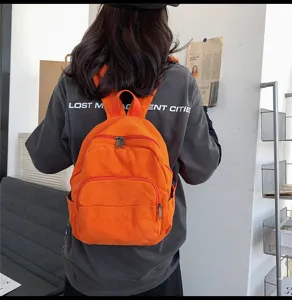 Small canvas backpack minimalist retro casual daypack for women orange school bag travel