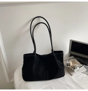 Minimalist black shoulder tote bag with double straps, vintage style large capacity casual daily.