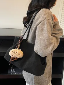 Classic black suede tote shoulder bag for women, large capacity autumn winter commute bag