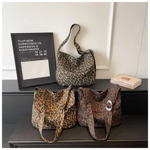 Bolso de lona con estampado de leopardo para mujer, gran capacidad bolso cruzado casual.