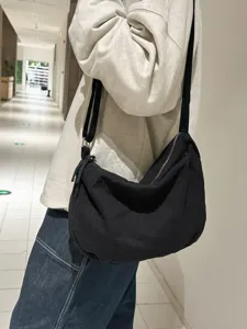 Borsa a tracolla casual in tela nera da donna, borsa a spalla alla moda grande capienza.