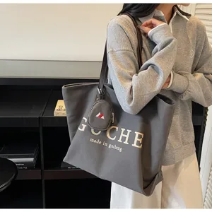 Korean style large canvas tote bag with removable pouch casual shoulder commuting bag
