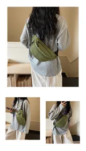 Detailed view of the green plaid crossbody chest bag, showing wearing angles and utility.