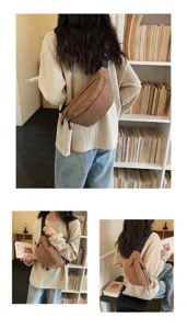 Brown plaid chest bag for women, casual commuter crossbody fanny pack with adjustable strap.