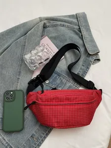 Stylish grid fanny pack for daily commute and sports, large capacity crossbody chest bag.