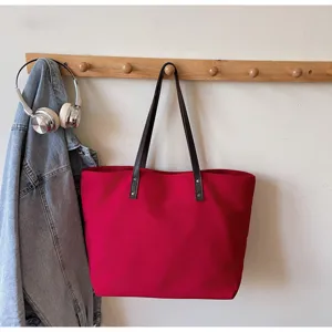 Red canvas tote bag for women, stylish large capacity shoulder handbag for daily commute school.