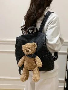 Koreatiko styl skouro denim sakidio me xaritomeno arkoudaki plush gia foitites kyria opsy