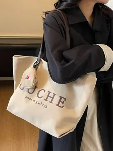 Casual Large Capacity Canvas Tote Bag Women Fashion Letter Print Shoulder Bag Commuting Travel Handbag