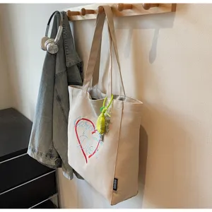 Casual τσάντα tote από καμβά με κεντημένο σχέδιο καρδιάς, μεγάλη χωρητικότητα για καθημερινή.