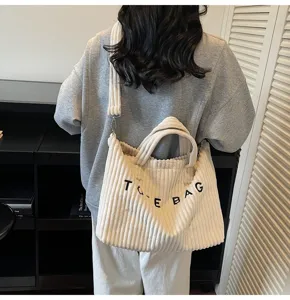 Casual corduroy tote bag, versatile large capacity shoulder handbag for daily use.