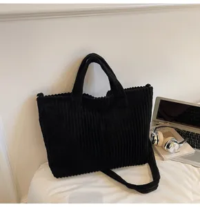 Black corduroy tote bag casual shoulder bag large capacity crossbody handbag for daily use
