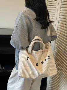 Large Capacity Corduroy Tote Bag For Women Casual Shoulder Crossbody Bag Fashion Letter Embroidery Handbag