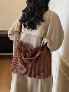 Casual corduroy shoulder bag, vintage brown tote with large capacity for daily student use.