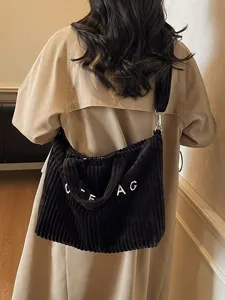 Casual black corduroy tote bag, versatile large capacity shoulder and crossbody bag.