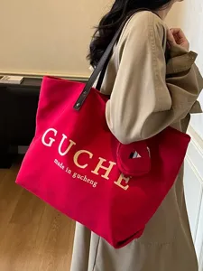 Red canvas tote bag large capacity casual shoulder bag stylish shopper commuter handbag