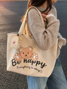 Casual Canvas Tote Bag Για Γυναίκες Μεγάλης Χωρητικότητας Τσάντα Χειρός Commuter Travel Shopper Bag Με Print Αρκούδας Και Πορτοφολάκι