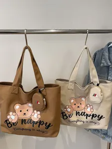 Casual τσάντα shopper από καμβά με χαριτωμένο αρκουδάκι, μεγάλη τσάντα ώμου για καθημερινή χρήση.