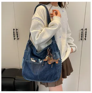 Casual denim shoulder bag with cute dog embroidery, large capacity daily tote and crossbody.