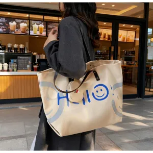Korean style canvas tote bag, large capacity shoulder bag with cute smiley print and mini pouch.