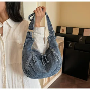 Korean style denim shoulder bag, casual large capacity crossbody tote for daily commute and school.