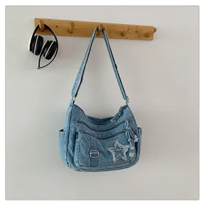 Bolso bandolera de mezclilla casual vintage con multiples bolsillos para uso diario