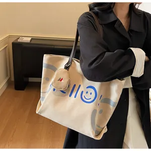 Detail view of the large capacity canvas tote shoulder bag with stylish print and daily commuter design.
