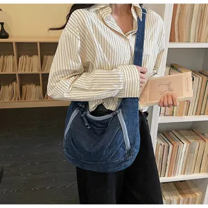 Casual denim shoulder bag for women, large capacity slouchy crossbody bag, daily commute tote.