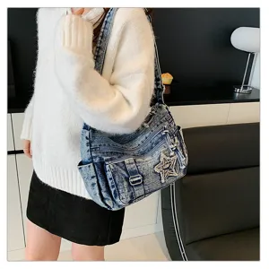 Bolso bandolera de mezclilla de moda para mujer, bolso cruzado casual con bolsillos y estrella.