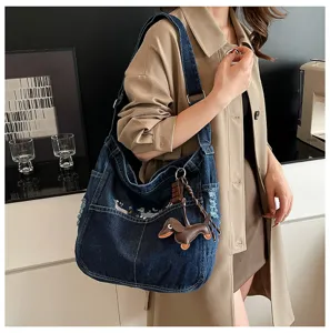 Denim shoulder bag for women large capacity tote bag casual crossbody bag with cute dog pendant