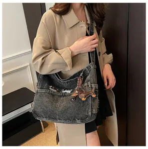 Denim shoulder bag, large capacity crossbody tote with dog embroidery and cute dog pendant.