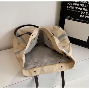 Korean style canvas tote bag, large capacity single shoulder bag, casual commuting handbag.