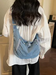 Korean Fashion Casual Denim Shoulder Bag Vintage Large Capacity Crossbody Tote Bag Women Commuting Daily Handbag