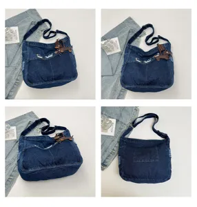 Denim shoulder bag with cute dachshund embroidery, large capacity crossbody bag.