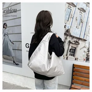 Large capacity silver shoulder bag, casual slouchy tote for commuting, travel, and daily wear.