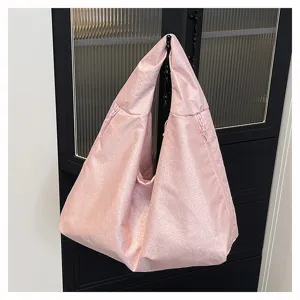 Trendy pink shiny shoulder bag, large capacity casual tote for daily commuting, travel and shopping.