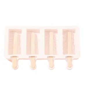 4-cavity pink silicone ice cream popsicle mold with wooden sticks for DIY frozen treats.