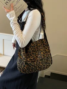 Bolso bandolera de lona con estampado de leopardo, gran capacidad para la escuela.